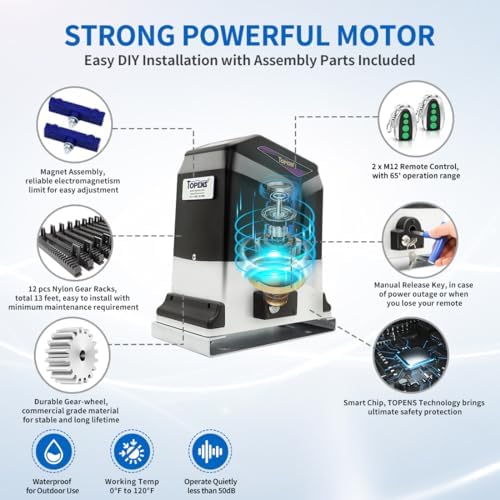 TOPENS RK1200T Automatic Sliding Gate Opener for Heavy Driveway Gates Up to 3400 lbs with Remote Control