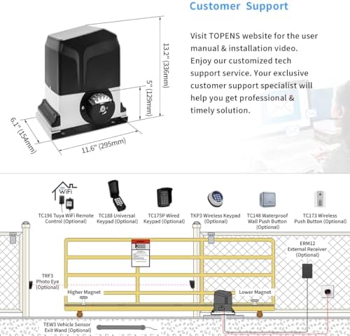 TOPENS RK1200T Automatic Sliding Gate Opener for Heavy Driveway Gates Up to 3400 lbs with Remote Control