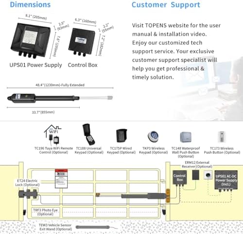 TOPENS A8131 Heavy Duty Swing Gate Opener for Driveways Up to 18ft with Remote Control Solar Compatible