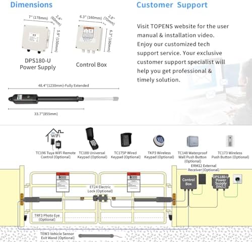 TOPENS PW502 Automatic Gate Opener for Dual Swing Gates Up to 16ft, AC Powered with Remote Kit Solar Compatible